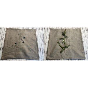 Pottery Barn Beige Embroidered Floral Linen Ribbon Decorative 18x18" Pillow ONE